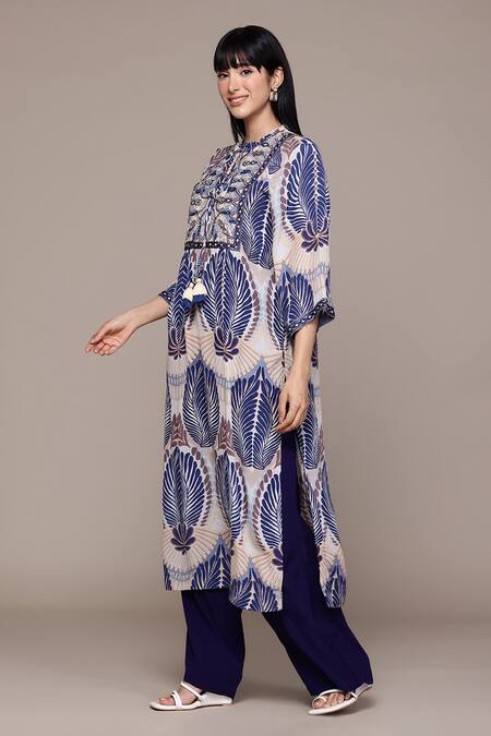 Ritu Kumar Beige Viscose Round Neck Rubani Print Kurta With Palazzo Online at Aza Fashions Ritu Kumar_Beige Viscose Round Neck Rubani Print Kurta With Palazzo _Online_at_Aza_Fashions