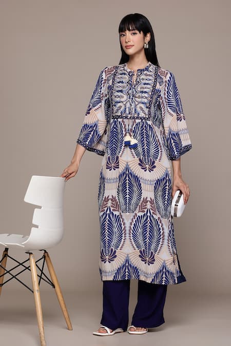 Ritu Kumar Beige Viscose Round Neck Rubani Print Kurta With Palazzo 