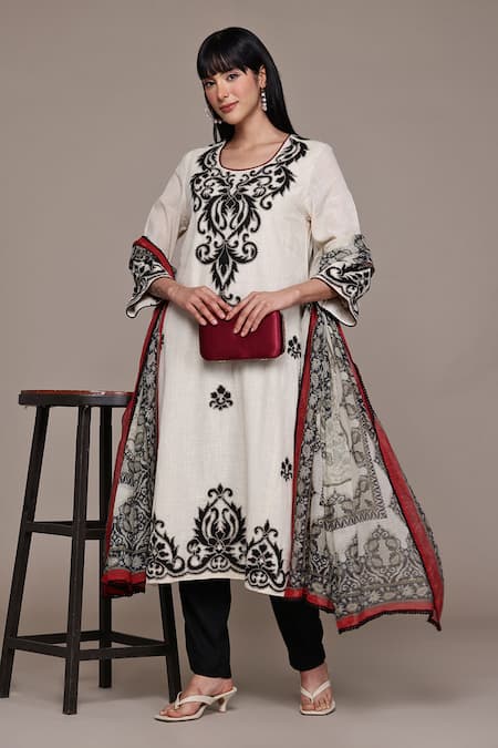 Ritu Kumar Black Cotton Embroidery Round Neck Ecru Inlay Kurta Set With Pant And Dupatta 