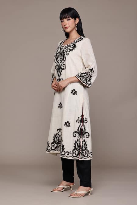 Ritu Kumar Black Cotton Embroidery Round Neck Ecru Inlay Kurta Set With Pant And Dupatta Online at Aza Fashions Ritu Kumar_Black Cotton Embroidery Round Neck Ecru Inlay Kurta Set With Pant And Dupatta _Online_at_Aza_Fashions
