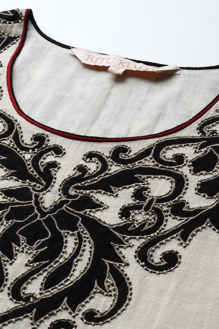 Shop Ritu Kumar Black Cotton Embroidery Round Neck Ecru Inlay Kurta Set With Pant And Dupatta Online at Aza Fashions Shop_Ritu Kumar_Black Cotton Embroidery Round Neck Ecru Inlay Kurta Set With Pant And Dupatta _Online_at_Aza_Fashions