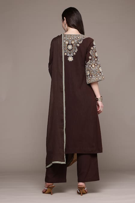 Shop Ritu Kumar Brown Cotton Embroidery Round Neck Dharohar Kurta Set With Pant And Dupatta at Aza Fashions Shop_Ritu Kumar_Brown Cotton Embroidery Round Neck Dharohar Kurta Set With Pant And Dupatta _at_Aza_Fashions