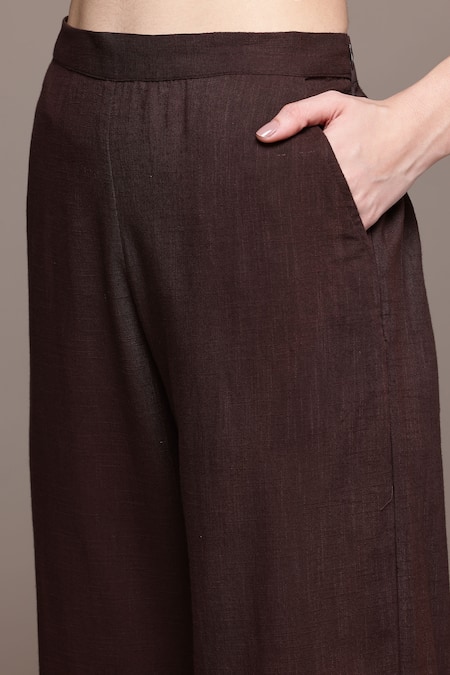 Ritu Kumar Brown Cotton Embroidery Round Neck Dharohar Kurta Set With Pant And Dupatta Online at Aza Fashions Ritu Kumar_Brown Cotton Embroidery Round Neck Dharohar Kurta Set With Pant And Dupatta _Online_at_Aza_Fashions