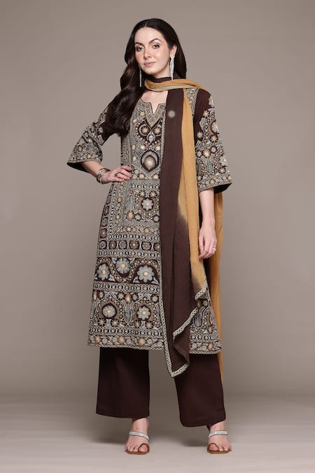 Buy Ritu Kumar Brown Cotton Embroidery Round Neck Dharohar Kurta Set With Pant And Dupatta Online at Aza Fashions Buy_Ritu Kumar_Brown Cotton Embroidery Round Neck Dharohar Kurta Set With Pant And Dupatta _Online_at_Aza_Fashions
