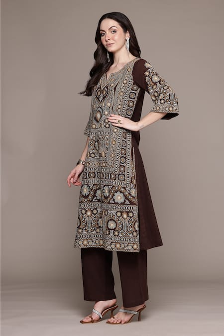 Shop Ritu Kumar Brown Cotton Embroidery Round Neck Dharohar Kurta Set With Pant And Dupatta Online at Aza Fashions Shop_Ritu Kumar_Brown Cotton Embroidery Round Neck Dharohar Kurta Set With Pant And Dupatta _Online_at_Aza_Fashions
