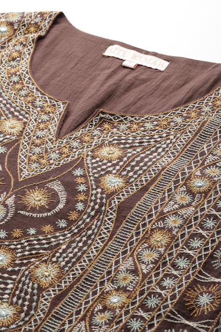 Ritu Kumar Brown Cotton Embroidery Round Neck Dharohar Kurta Set With Pant And Dupatta at Aza Fashions Ritu Kumar_Brown Cotton Embroidery Round Neck Dharohar Kurta Set With Pant And Dupatta _at_Aza_Fashions