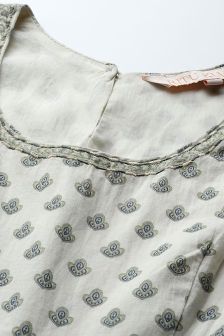 Ritu Kumar_Off White Cotton, Viscose Embroidery, Tassels Round Neck Tisya Anarkali Set _Online_at_Aza_Fashions