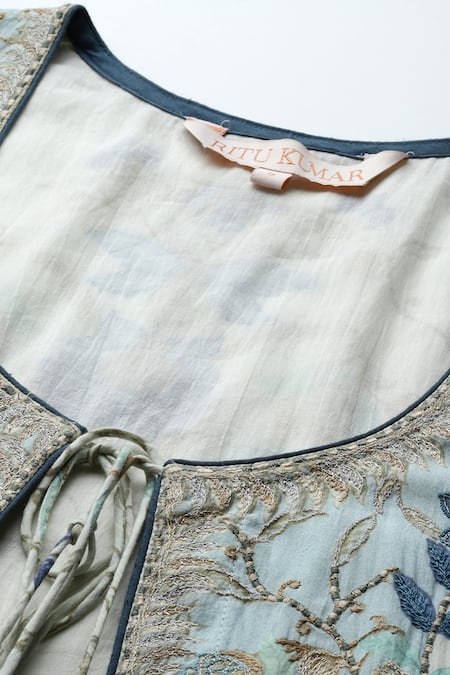 Shop_Ritu Kumar_Off White Cotton, Viscose Embroidery, Tassels Round Neck Tisya Anarkali Set _Online_at_Aza_Fashions