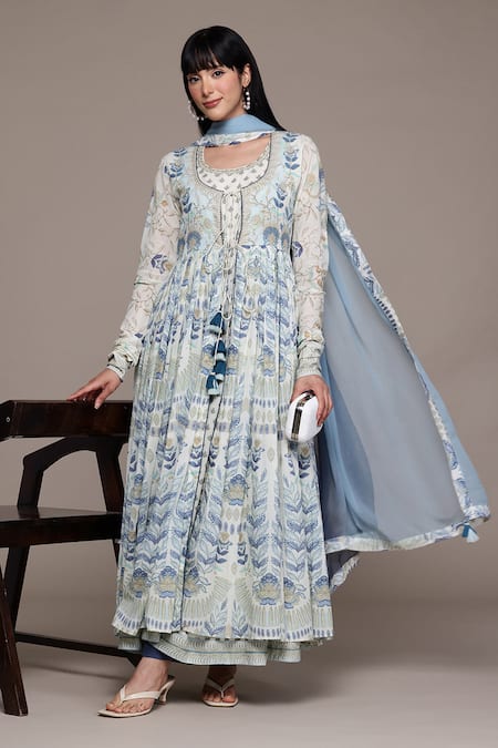 Ritu Kumar Off White Cotton, Viscose Embroidery, Tassels Round Neck Tisya Anarkali Set 