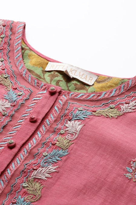 Ritu Kumar Pink Cotton, Silk, Viscose Embroidery Round Neck Piera Solid Kurta Set Online at Aza Fashions Ritu Kumar_Pink Cotton, Silk, Viscose Embroidery Round Neck Piera Solid Kurta Set _Online_at_Aza_Fashions