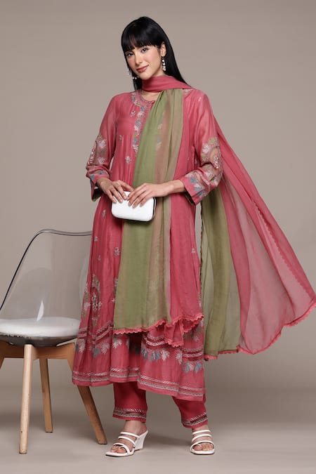 Ritu Kumar Pink Cotton, Silk, Viscose Embroidery Round Neck Piera Solid Kurta Set 