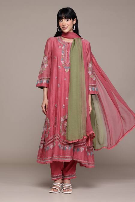 Shop Ritu Kumar Pink Cotton, Silk, Viscose Embroidery Round Neck Piera Solid Kurta Set Online at Aza Fashions Shop_Ritu Kumar_Pink Cotton, Silk, Viscose Embroidery Round Neck Piera Solid Kurta Set _Online_at_Aza_Fashions