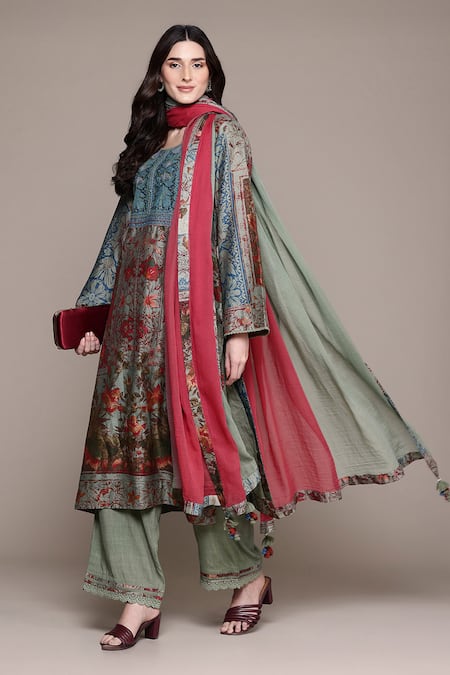 Buy_Ritu Kumar_Blue Cotton, Silk, Viscose Embroidery, Tassels Pierra Kurta Set With Dupatta _Online_at_Aza_Fashions