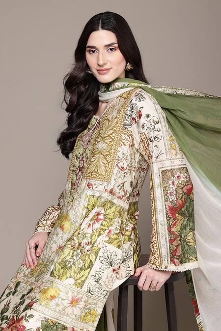 Buy_Ritu Kumar_Off White Cotton, Silk, Viscose Embroidery Pierra Kurta Set With Pant And Dupatta_Online_at_Aza_Fashions