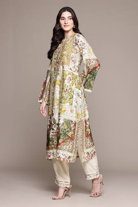 Ritu Kumar_Off White Cotton, Silk, Viscose Embroidery Pierra Kurta Set With Pant And Dupatta_at_Aza_Fashions