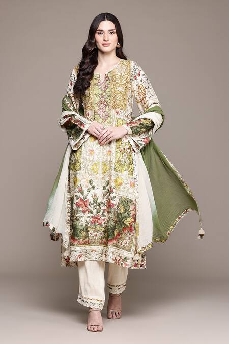 Buy_Ritu Kumar_Off White Cotton, Silk, Viscose Embroidery Pierra Kurta Set With Pant And Dupatta