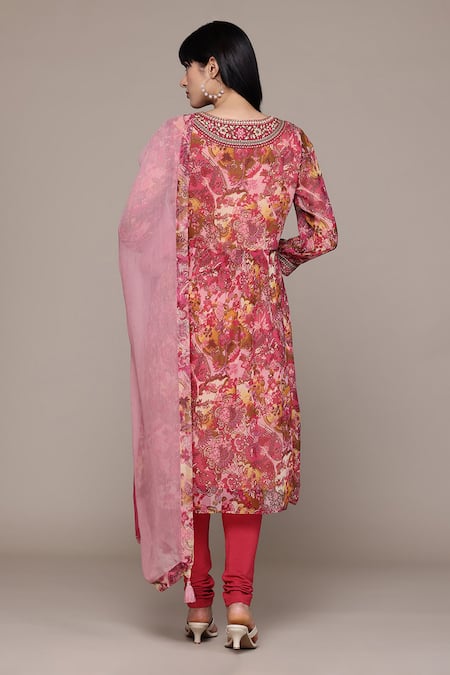 Shop Ritu Kumar Pink Viscose, Lycra Embroidery Round Neck Calabria Kurta With Churidar And Dupatta at Aza Fashions Shop_Ritu Kumar_Pink Viscose, Lycra Embroidery Round Neck Calabria Kurta With Churidar And Dupatta _at_Aza_Fashions