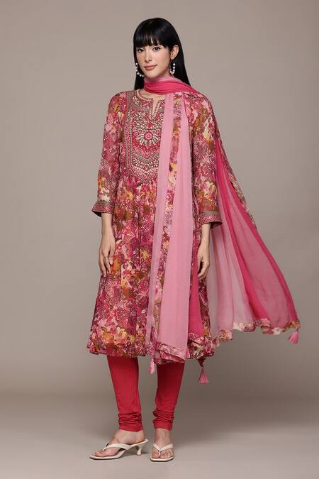 Ritu Kumar Pink Viscose, Lycra Embroidery Round Neck Calabria Kurta With Churidar And Dupatta at Aza Fashions Ritu Kumar_Pink Viscose, Lycra Embroidery Round Neck Calabria Kurta With Churidar And Dupatta _at_Aza_Fashions