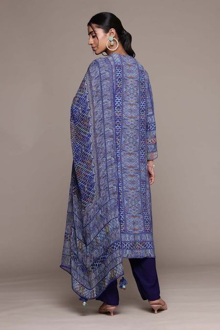 Shop Ritu Kumar Blue Viscose Embroidery Round Neck Peru Kurta With Pant And Dupatta at Aza Fashions Shop_Ritu Kumar_Blue Viscose Embroidery Round Neck Peru Kurta With Pant And Dupatta _at_Aza_Fashions