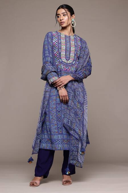 Shop Ritu Kumar Blue Viscose Embroidery Round Neck Peru Kurta With Pant And Dupatta Online at Aza Fashions Shop_Ritu Kumar_Blue Viscose Embroidery Round Neck Peru Kurta With Pant And Dupatta _Online_at_Aza_Fashions