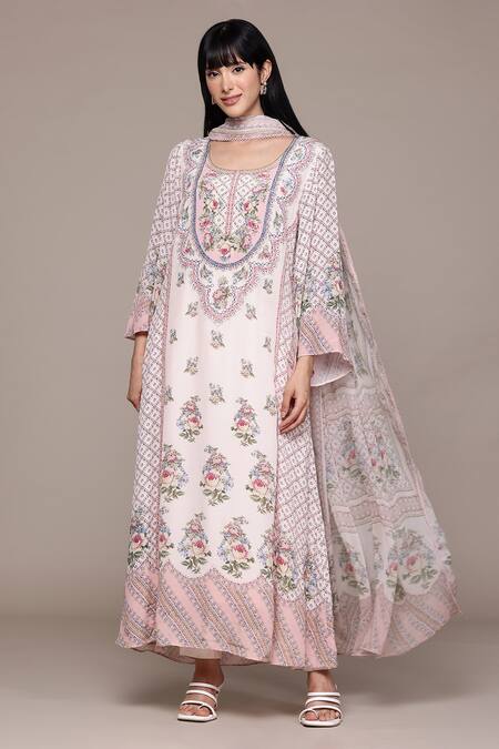Shop Ritu Kumar White Viscose Embroidery Round Neck Pratika Kurta Set With Pant And Dupatta Online at Aza Fashions Shop_Ritu Kumar_White Viscose Embroidery Round Neck Pratika Kurta Set With Pant And Dupatta _Online_at_Aza_Fashions