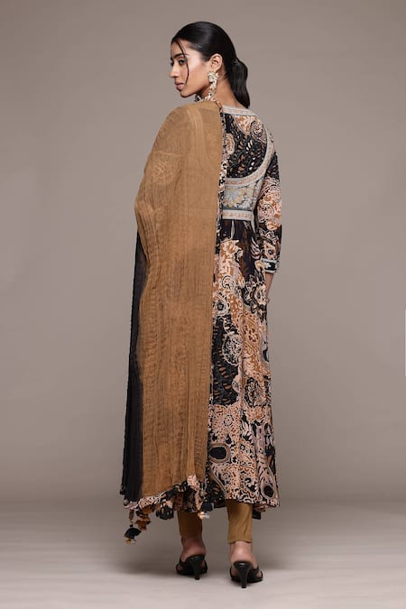 Shop_Ritu Kumar_Black Viscose, Lycra Embroidery Round Dewey Kurta Set With Leggings And Dupatta _at_Aza_Fashions