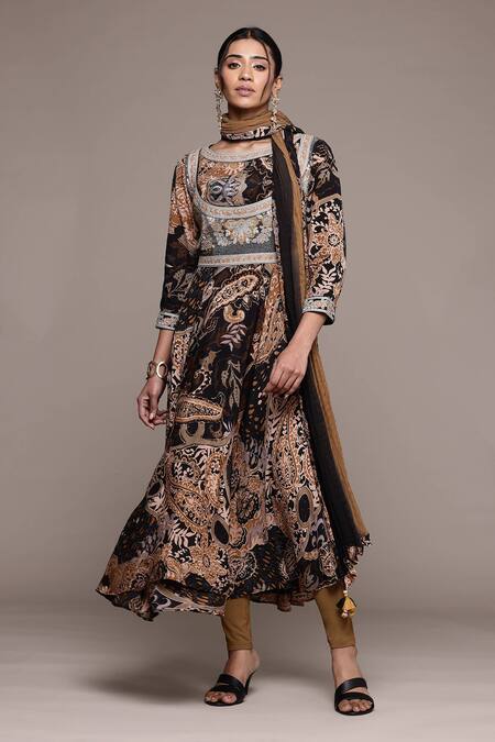 Ritu Kumar_Black Viscose, Lycra Embroidery Round Dewey Kurta Set With Leggings And Dupatta _Online_at_Aza_Fashions