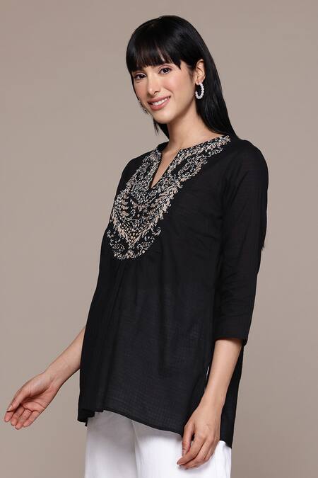 Ritu Kumar_Black Cotton Embroidery Round Neck Multi Dori Kurti_Online_at_Aza_Fashions