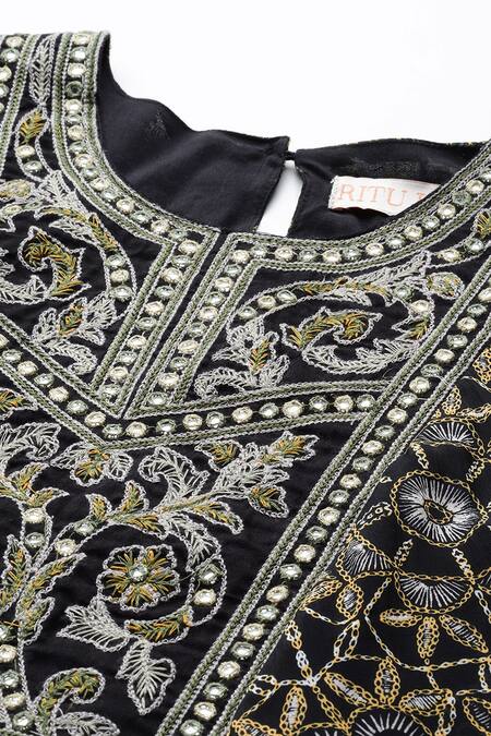 Shop Ritu Kumar Black Viscose Embroidery Round Neck Saatchi Kurta Online at Aza Fashions Shop_Ritu Kumar_Black Viscose Embroidery Round Neck Saatchi Kurta _Online_at_Aza_Fashions