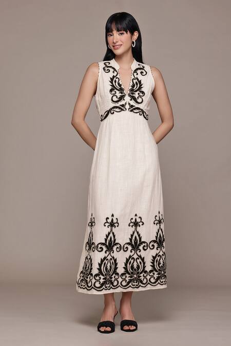 Ritu Kumar_Cotton Embroidery Bandeau Neck Ecru Inlay Long Dress _Online_at_Aza_Fashions