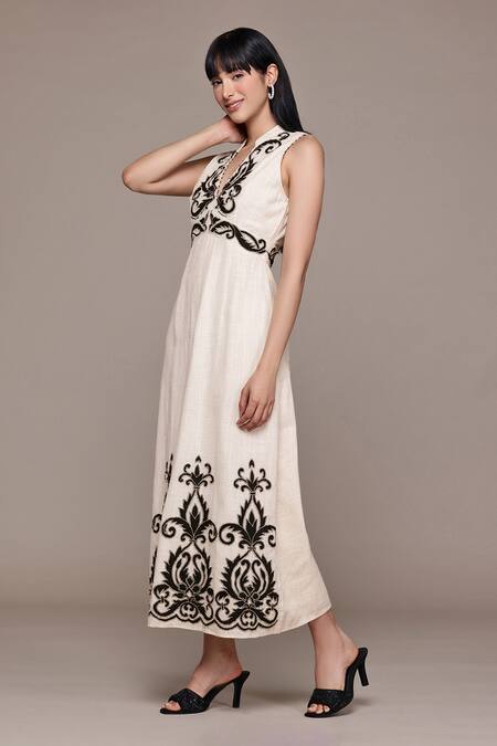 Buy_Ritu Kumar_Cotton Embroidery Bandeau Neck Ecru Inlay Long Dress _Online_at_Aza_Fashions