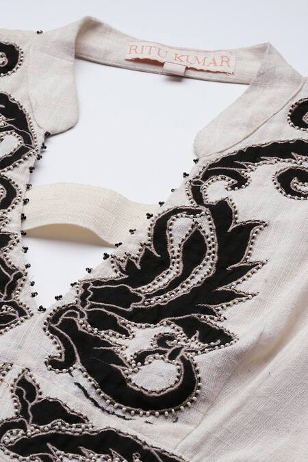 Shop_Ritu Kumar_Cotton Embroidery Bandeau Neck Ecru Inlay Long Dress _Online_at_Aza_Fashions