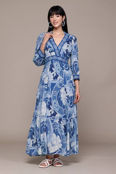 Ritu Kumar Blue Viscose V-neck Floriant Print Long Dress Online at Aza Fashions Ritu Kumar_Blue Viscose V-neck Floriant Print Long Dress _Online_at_Aza_Fashions