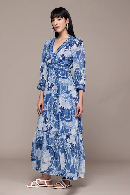 Buy Ritu Kumar Blue Viscose V-neck Floriant Print Long Dress Online at Aza Fashions Buy_Ritu Kumar_Blue Viscose V-neck Floriant Print Long Dress _Online_at_Aza_Fashions