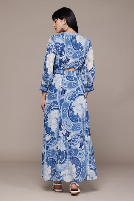 Shop Ritu Kumar Blue Viscose V-neck Floriant Print Long Dress at Aza Fashions Shop_Ritu Kumar_Blue Viscose V-neck Floriant Print Long Dress _at_Aza_Fashions