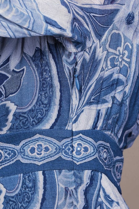 Shop Ritu Kumar Blue Viscose V-neck Floriant Print Long Dress Online at Aza Fashions Shop_Ritu Kumar_Blue Viscose V-neck Floriant Print Long Dress _Online_at_Aza_Fashions