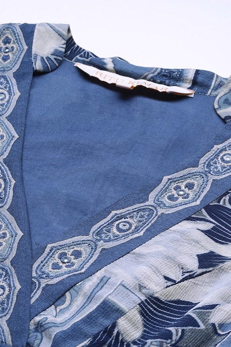 Ritu Kumar Blue Viscose V-neck Floriant Print Long Dress at Aza Fashions Ritu Kumar_Blue Viscose V-neck Floriant Print Long Dress _at_Aza_Fashions