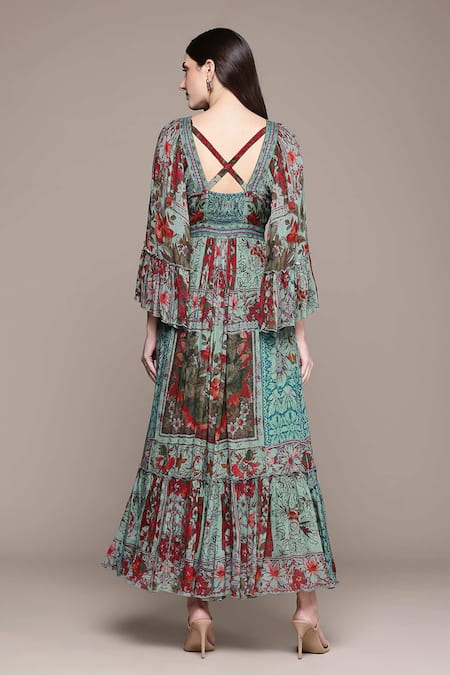 Shop Ritu Kumar Teal Viscose V-neck Pierra Long Dress at Aza Fashions Shop_Ritu Kumar_Teal Viscose V-neck Pierra Long Dress _at_Aza_Fashions