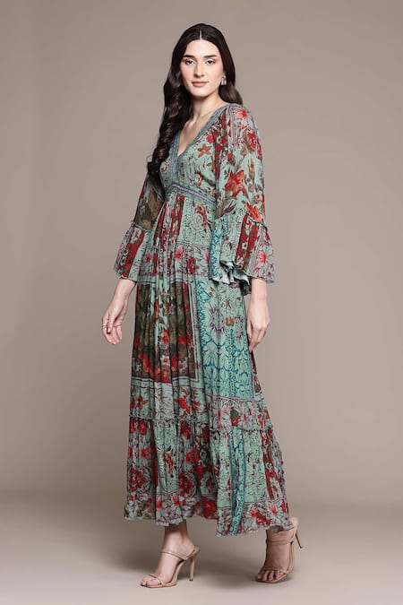 Ritu Kumar Teal Viscose V-neck Pierra Long Dress Online at Aza Fashions Ritu Kumar_Teal Viscose V-neck Pierra Long Dress _Online_at_Aza_Fashions