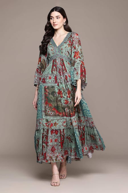 Buy Ritu Kumar Teal Viscose V-neck Pierra Long Dress Online at Aza Fashions Buy_Ritu Kumar_Teal Viscose V-neck Pierra Long Dress _Online_at_Aza_Fashions