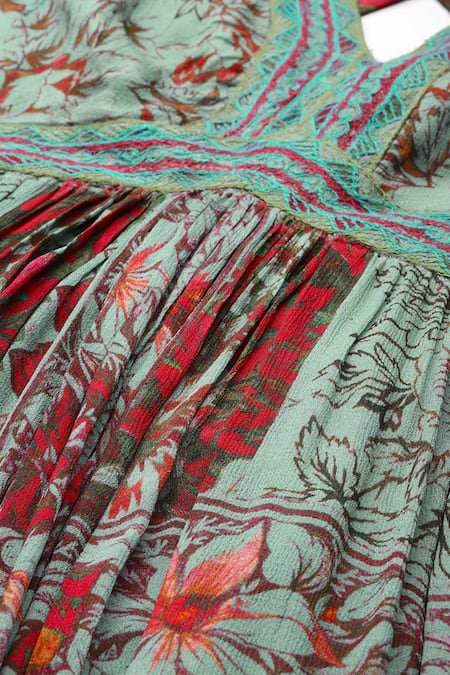 Buy Ritu Kumar Teal Viscose V-neck Pierra Long Dress Buy_Ritu Kumar_Teal Viscose V-neck Pierra Long Dress