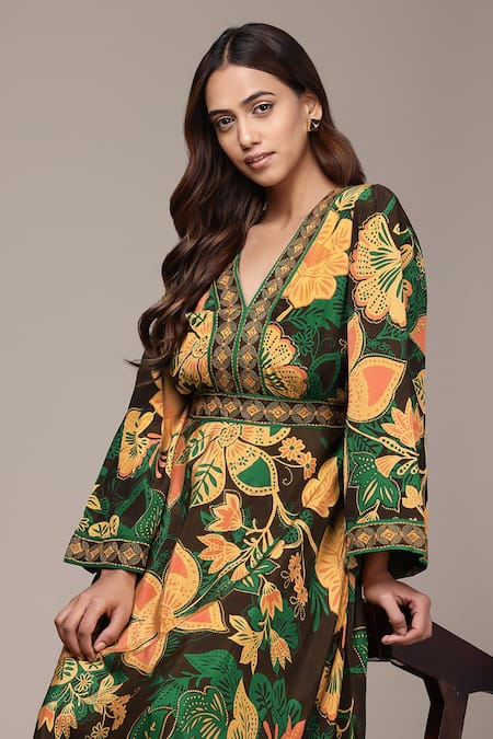 Ritu Kumar Brown Viscose Embroidery V-neck Botanic Print Fit And Flare Dress Online at Aza Fashions Ritu Kumar_Brown Viscose Embroidery V-neck Botanic Print Fit And Flare Dress _Online_at_Aza_Fashions