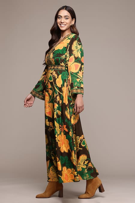 Buy Ritu Kumar Brown Viscose Embroidery V-neck Botanic Print Fit And Flare Dress Online at Aza Fashions Buy_Ritu Kumar_Brown Viscose Embroidery V-neck Botanic Print Fit And Flare Dress _Online_at_Aza_Fashions