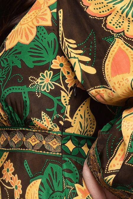 Shop Ritu Kumar Brown Viscose Embroidery V-neck Botanic Print Fit And Flare Dress Online at Aza Fashions Shop_Ritu Kumar_Brown Viscose Embroidery V-neck Botanic Print Fit And Flare Dress _Online_at_Aza_Fashions