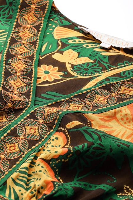 Ritu Kumar Brown Viscose Embroidery V-neck Botanic Print Fit And Flare Dress at Aza Fashions Ritu Kumar_Brown Viscose Embroidery V-neck Botanic Print Fit And Flare Dress _at_Aza_Fashions