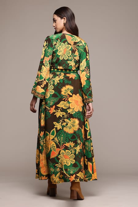 Shop Ritu Kumar Brown Viscose Embroidery V-neck Botanic Print Fit And Flare Dress at Aza Fashions Shop_Ritu Kumar_Brown Viscose Embroidery V-neck Botanic Print Fit And Flare Dress _at_Aza_Fashions