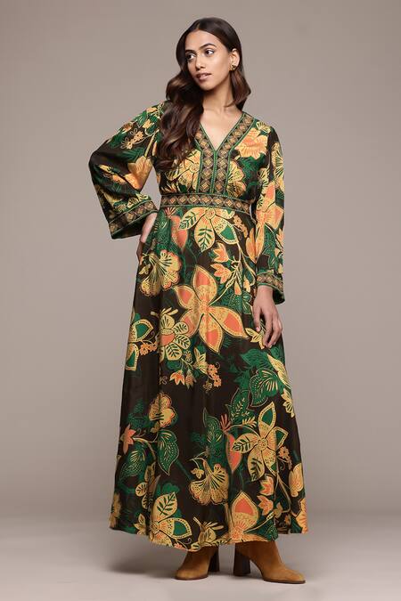 Shop Ritu Kumar Brown Viscose Embroidery V-neck Botanic Print Fit And Flare Dress Shop_Ritu Kumar_Brown Viscose Embroidery V-neck Botanic Print Fit And Flare Dress