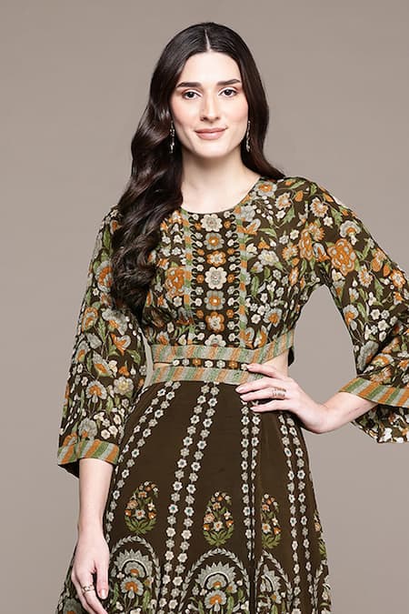 Buy Ritu Kumar Brown Viscose Round Neck Flora Long Dress Online at Aza Fashions Buy_Ritu Kumar_Brown Viscose Round Neck Flora Long Dress _Online_at_Aza_Fashions