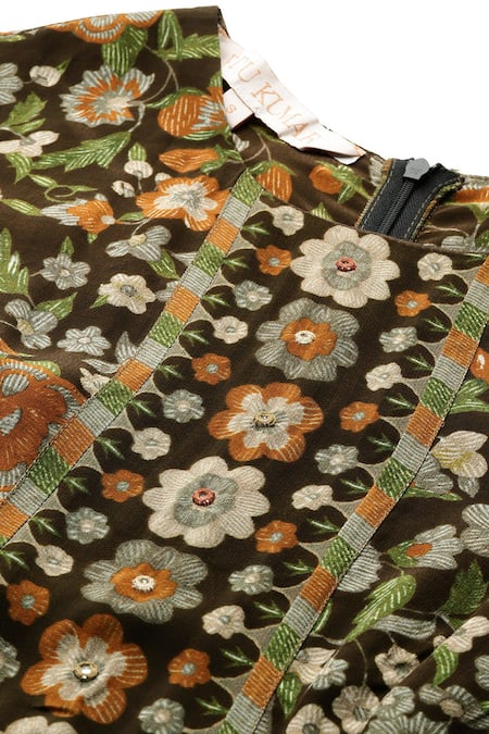 Shop Ritu Kumar Brown Viscose Round Neck Flora Long Dress Online at Aza Fashions Shop_Ritu Kumar_Brown Viscose Round Neck Flora Long Dress _Online_at_Aza_Fashions