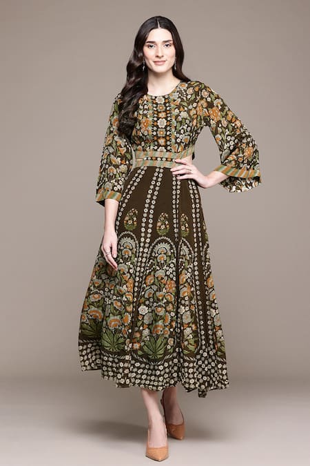 Ritu Kumar Brown Viscose Round Neck Flora Long Dress at Aza Fashions Ritu Kumar_Brown Viscose Round Neck Flora Long Dress _at_Aza_Fashions